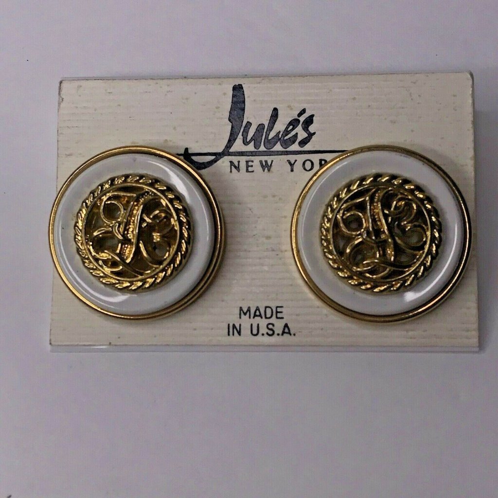 Jules New York Made Usa Earrings New White Gold Tone Button Style 1980s